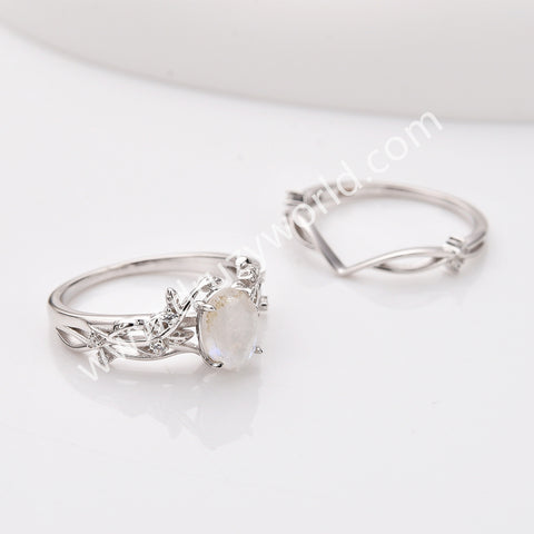 925 Sterling Silver Oval Natural Moonstone CZ Leaf Set Ring SS283RS