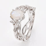 925 Sterling Silver Oval Natural Moonstone CZ Leaf Set Ring SS283RS