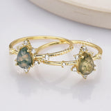 925 Sterling Silver Teardrop Faceted Moss Agate CZ Ring in Gold Plated SS284-1