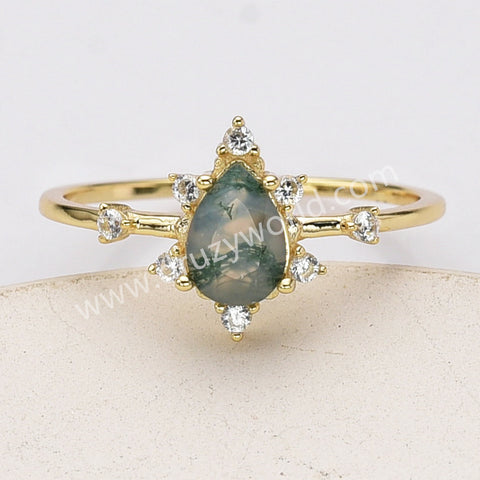 925 Sterling Silver Teardrop Faceted Moss Agate CZ Ring in Gold Plated SS284-1