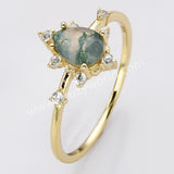 925 Sterling Silver Teardrop Faceted Moss Agate CZ Ring in Gold Plated SS284-1