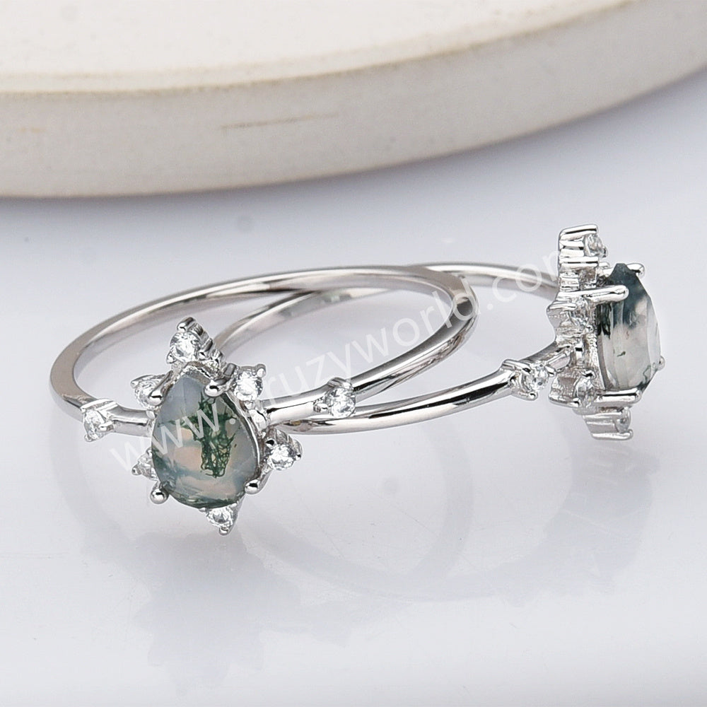 925 Sterling Silver Teardrop Faceted Moss Agate CZ Ring SS284-2