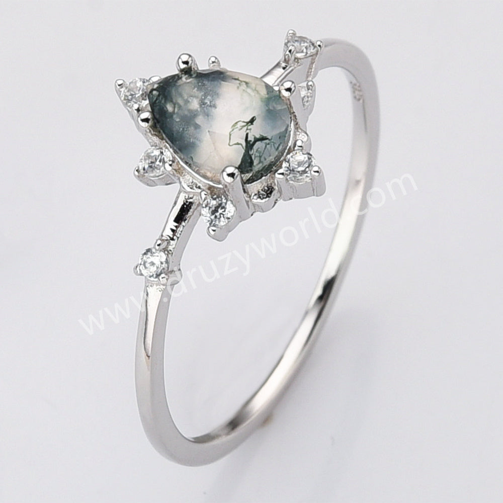 925 Sterling Silver Teardrop Faceted Moss Agate CZ Ring SS284-2