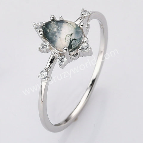 925 Sterling Silver Teardrop Faceted Moss Agate CZ Ring SS284-2