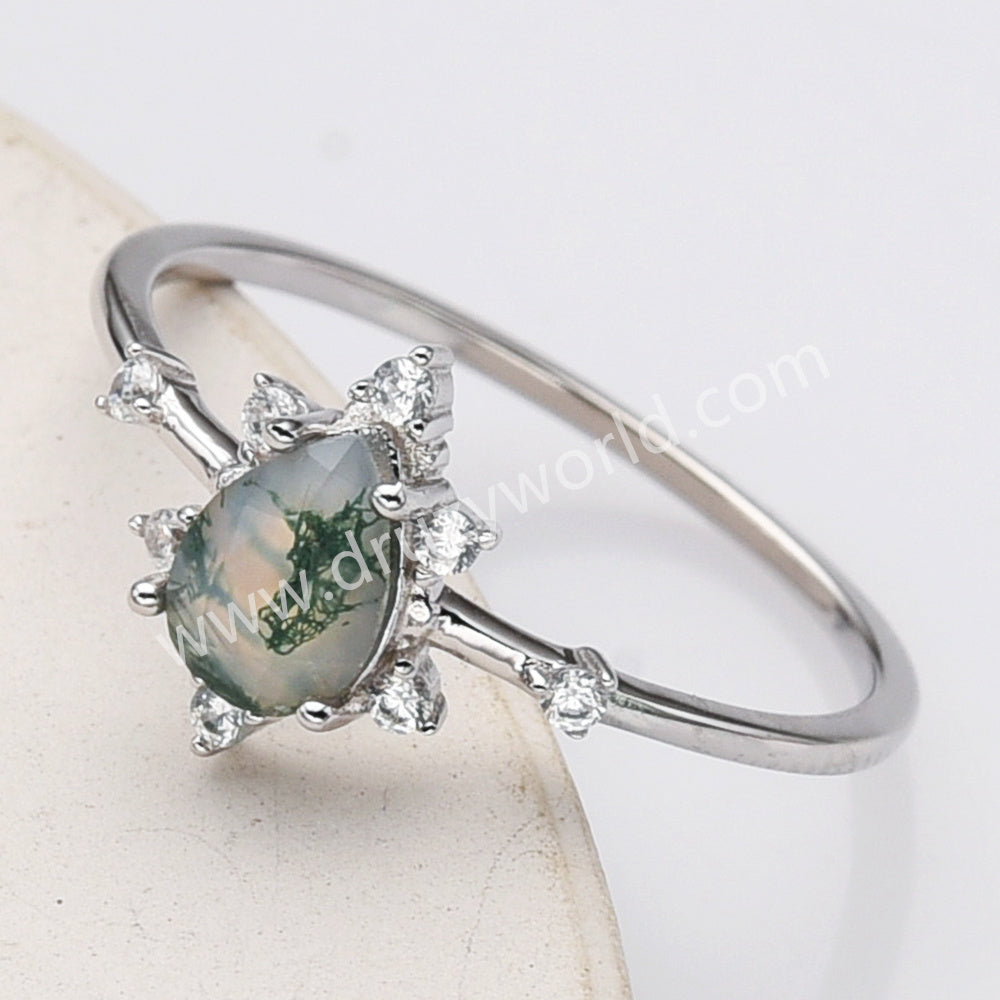 925 Sterling Silver Teardrop Faceted Moss Agate CZ Ring SS284-2