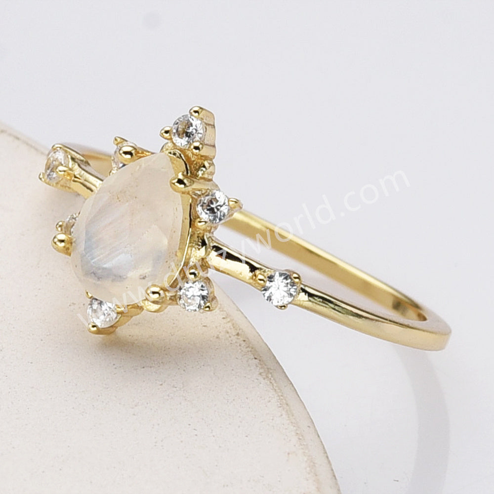 925 Sterling Silver Gold Teardrop Faceted Moonstone Zircon Ring SS285-1