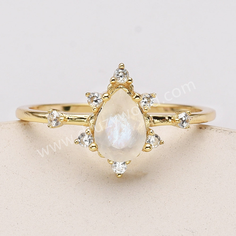 925 Sterling Silver Gold Teardrop Faceted Moonstone Zircon Ring SS285-1