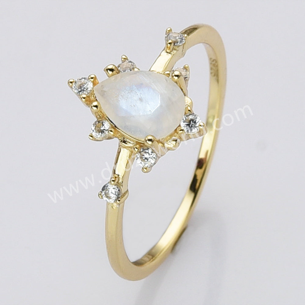 925 Sterling Silver Gold Teardrop Faceted Moonstone Zircon Ring SS285-1