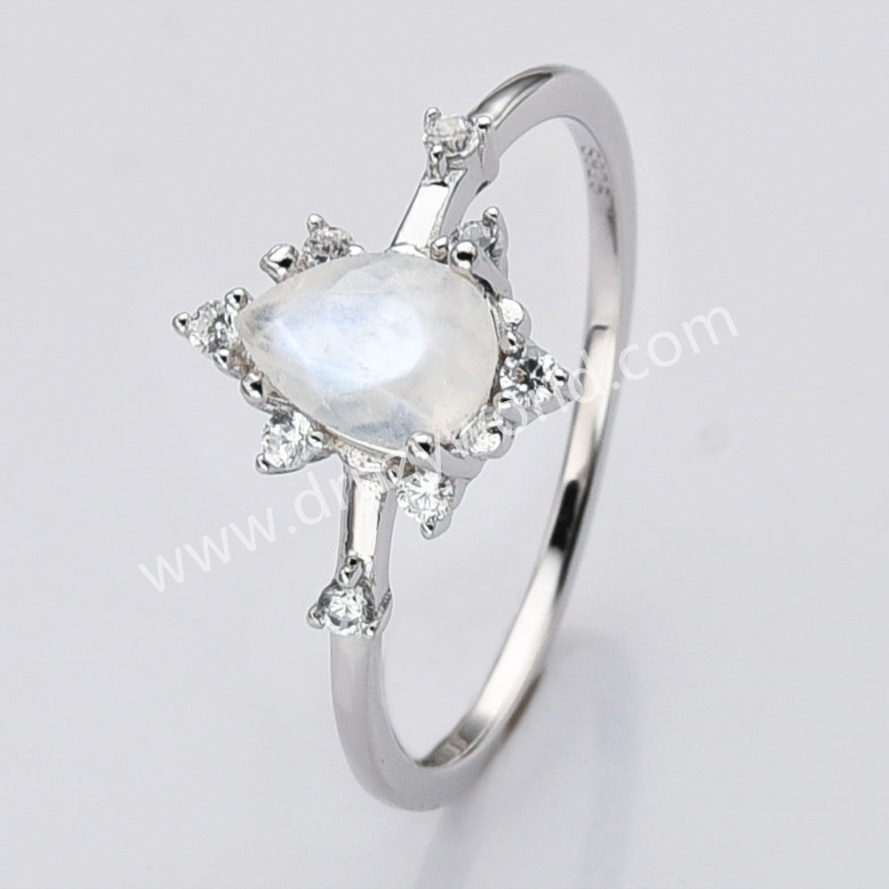 925 Sterling Silver Teardrop Faceted Moonstone CZ Ring SS285-2