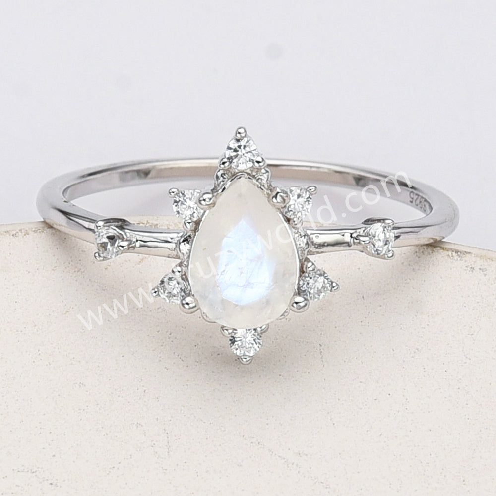 925 Sterling Silver Teardrop Faceted Moonstone CZ Ring SS285-2