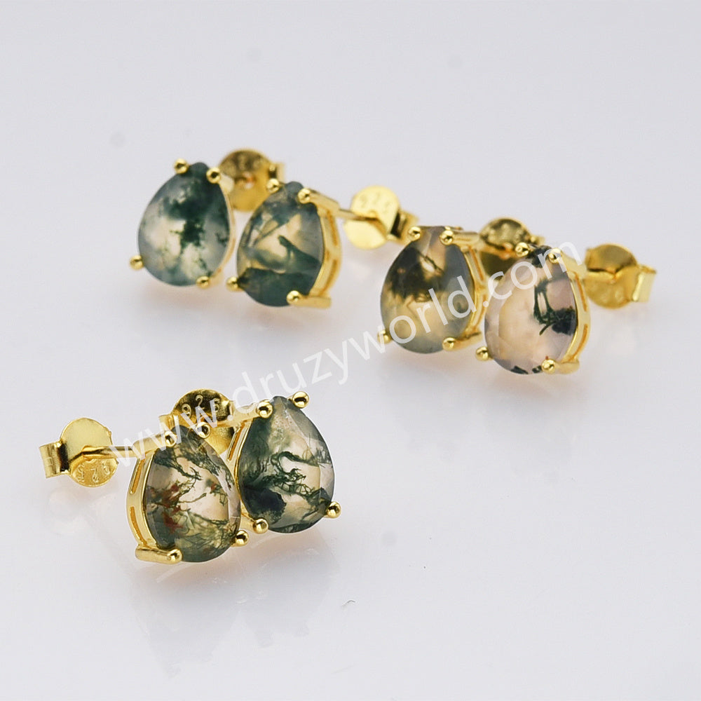 925 Silver Gold Claw Teardrop Faceted Moss Agate Stud Earrings SS286-1