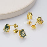 925 Silver Gold Claw Teardrop Faceted Moss Agate Stud Earrings SS286-1