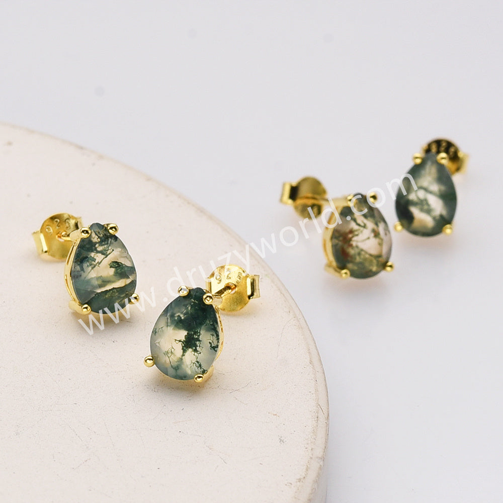 925 Silver Gold Claw Teardrop Faceted Moss Agate Stud Earrings SS286-1