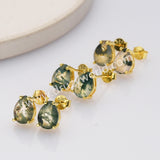 925 Silver Gold Claw Teardrop Faceted Moss Agate Stud Earrings SS286-1