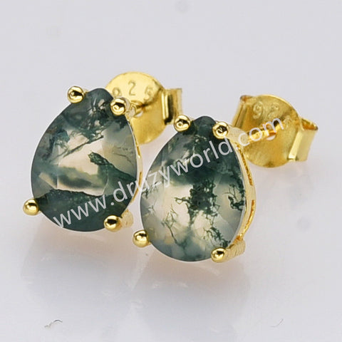 925 Silver Gold Claw Teardrop Faceted Moss Agate Stud Earrings SS286-1