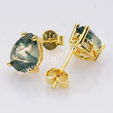 925 Silver Gold Claw Teardrop Faceted Moss Agate Stud Earrings SS286-1