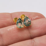 925 Silver Gold Claw Teardrop Faceted Moss Agate Stud Earrings SS286-1