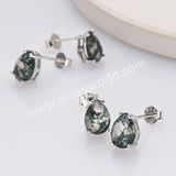 925 Sterling Silver Claw Drop Faceted Moss Agate Stud Earrings SS286-2