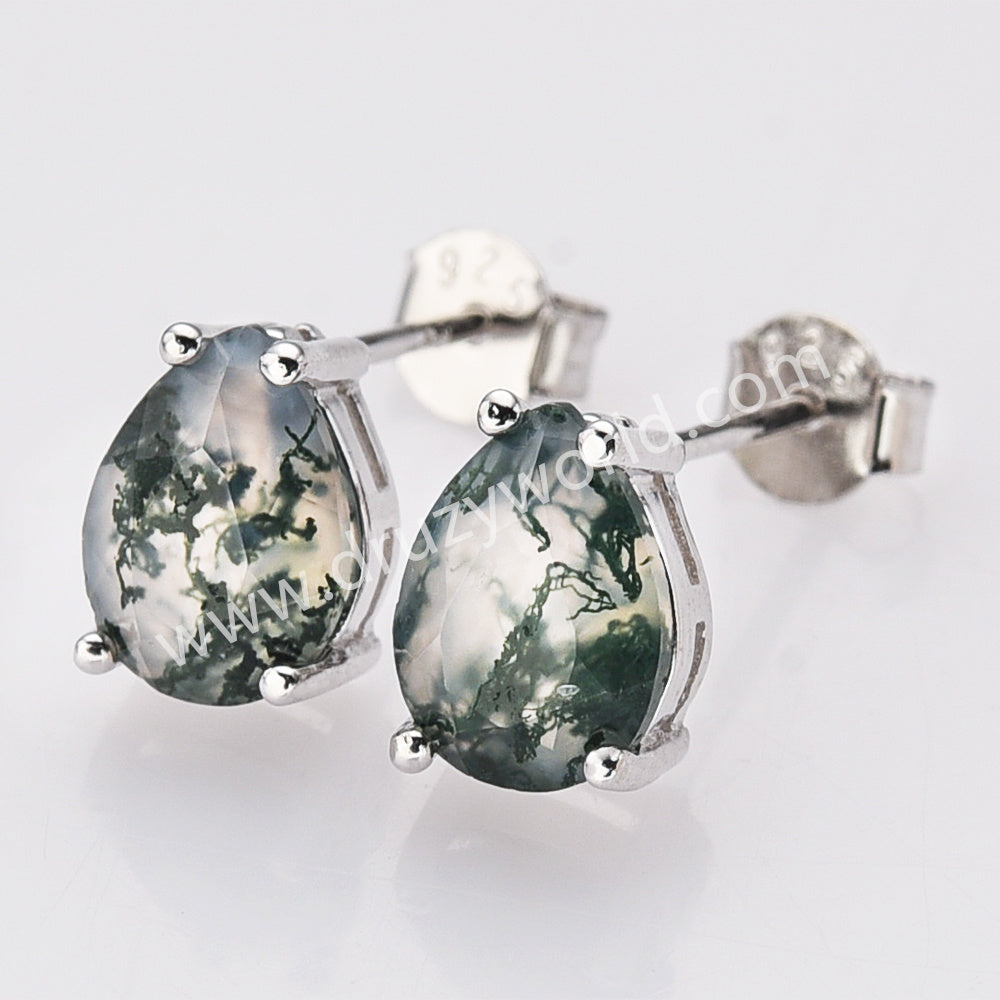 925 Sterling Silver Claw Drop Faceted Moss Agate Stud Earrings SS286-2