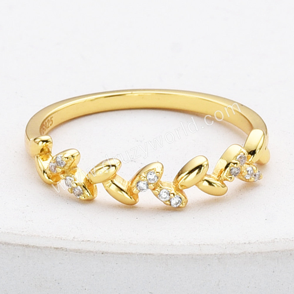 S925 Sterling Silver Gold Olive Leaf CZ Ring, Zircon Ring, Fashion Jewelry SS293