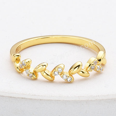 S925 Sterling Silver Gold Olive Leaf CZ Ring, Zircon Ring, Fashion Jewelry SS293