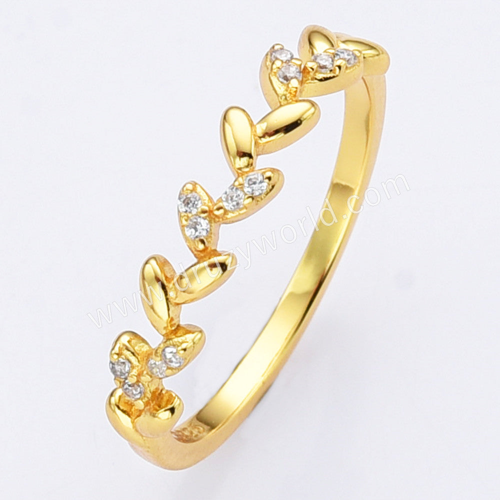 S925 Sterling Silver Gold Olive Leaf CZ Ring, Zircon Ring, Fashion Jewelry SS293