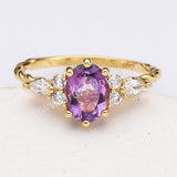 S925 Sterling Silver Gold Plated Oval Faceted Amethyst Ring, CZ Micro Pave Statement Ring Jewelry SS294RG