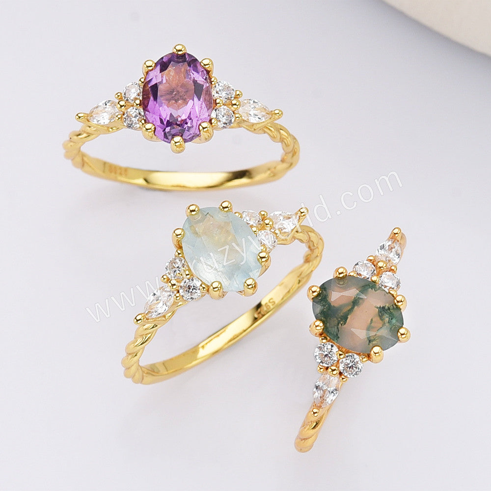 S925 Sterling Silver Gold Plated Oval Faceted Amethyst Ring, CZ Micro Pave Statement Ring Jewelry SS294