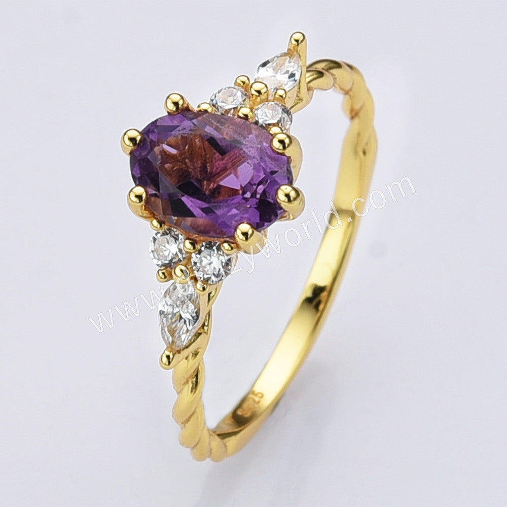 S925 Sterling Silver Gold Plated Oval Faceted Amethyst Ring, CZ Micro Pave Statement Ring Jewelry SS294