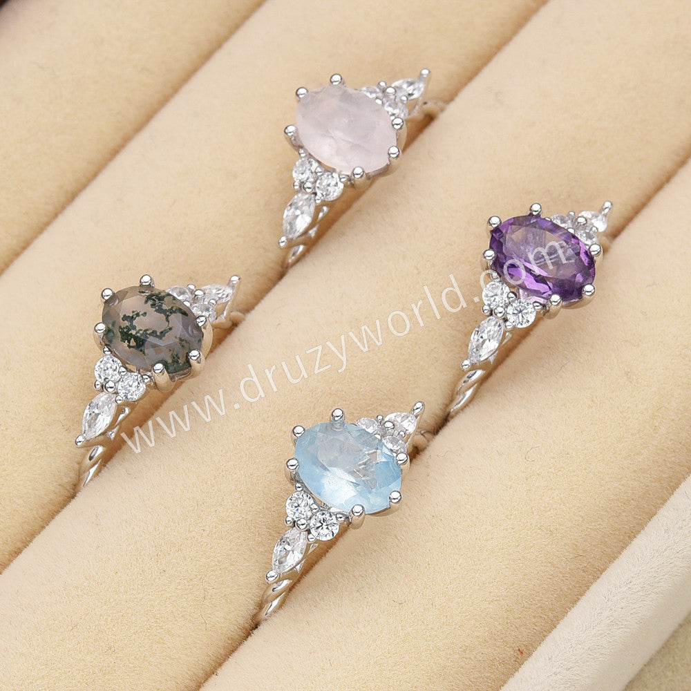 S925 Silver Oval Faceted Amethyst Ring, CZ Micro Pave Statement Ring Gemstone Jewelry SS294RS