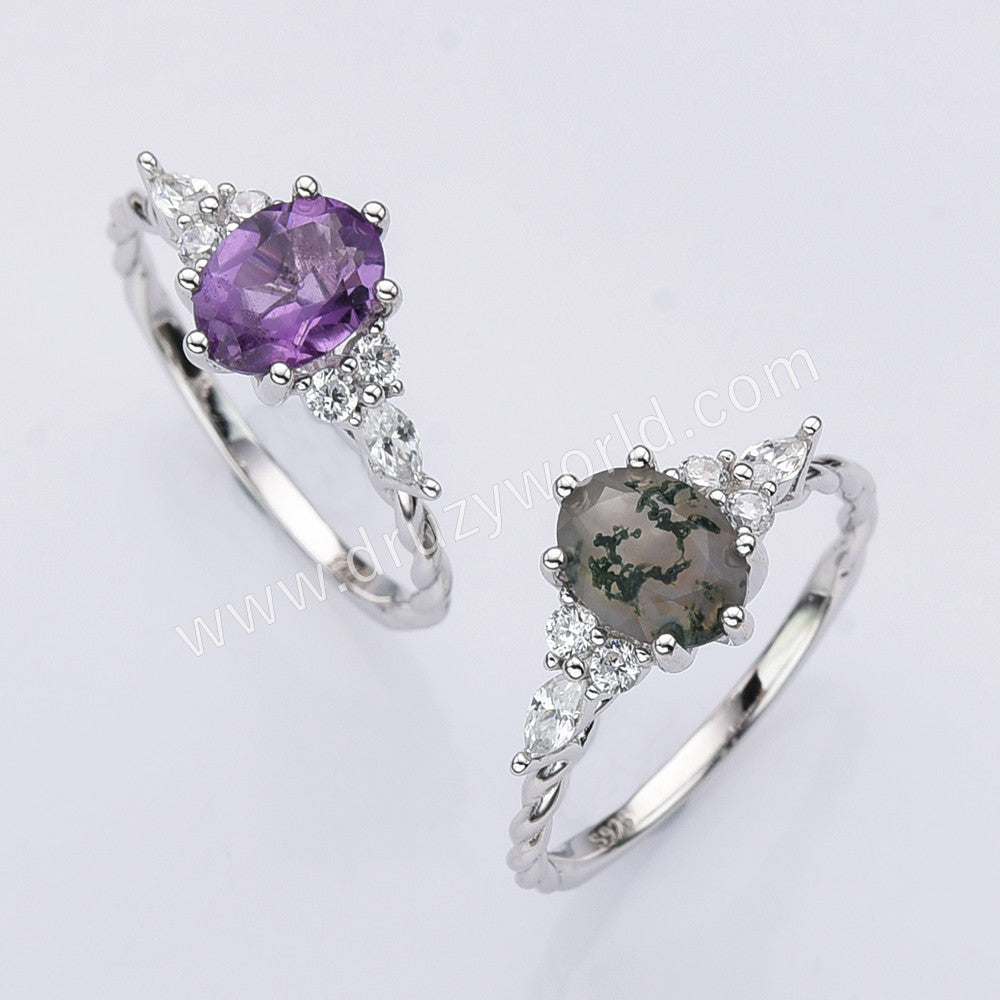 S925 Silver Oval Faceted Amethyst Ring, CZ Micro Pave Statement Ring Gemstone Jewelry SS294RS