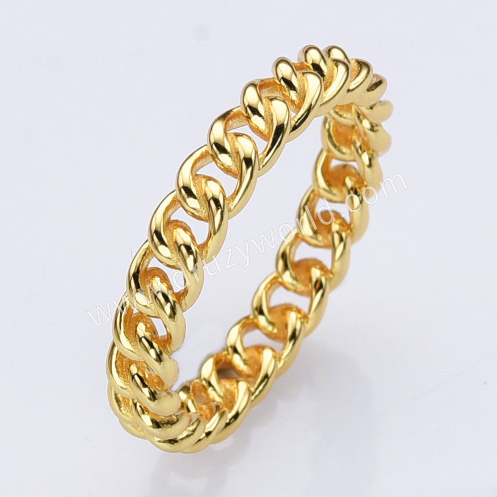 S925 Sterling Silver Gold Cable Chain Ring, Fashion Simple Jewelry SS297