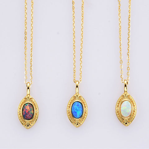 15" Dainty S925 Sterling Silver Gold Oval Blue White Opal Necklace SS300