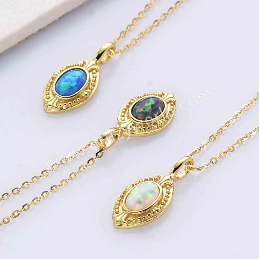 Dainty S925 Sterling Silver Gold Oval Blue White Opal Necklace SS300