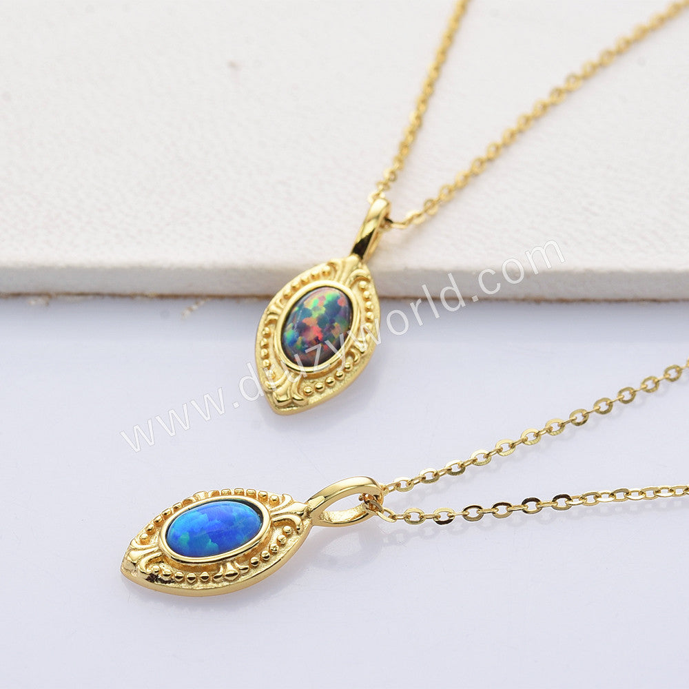 Dainty S925 Sterling Silver Gold Oval Blue White Opal Necklace SS300