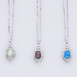 15" Dainty S925 Sterling Silver Oval Blue White Opal Pendant Necklace SS301