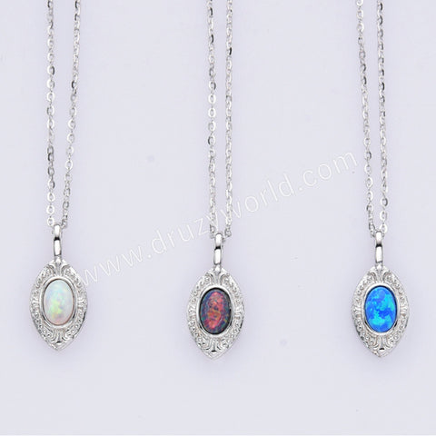15" Dainty S925 Sterling Silver Oval Blue White Opal Pendant Necklace SS300NS