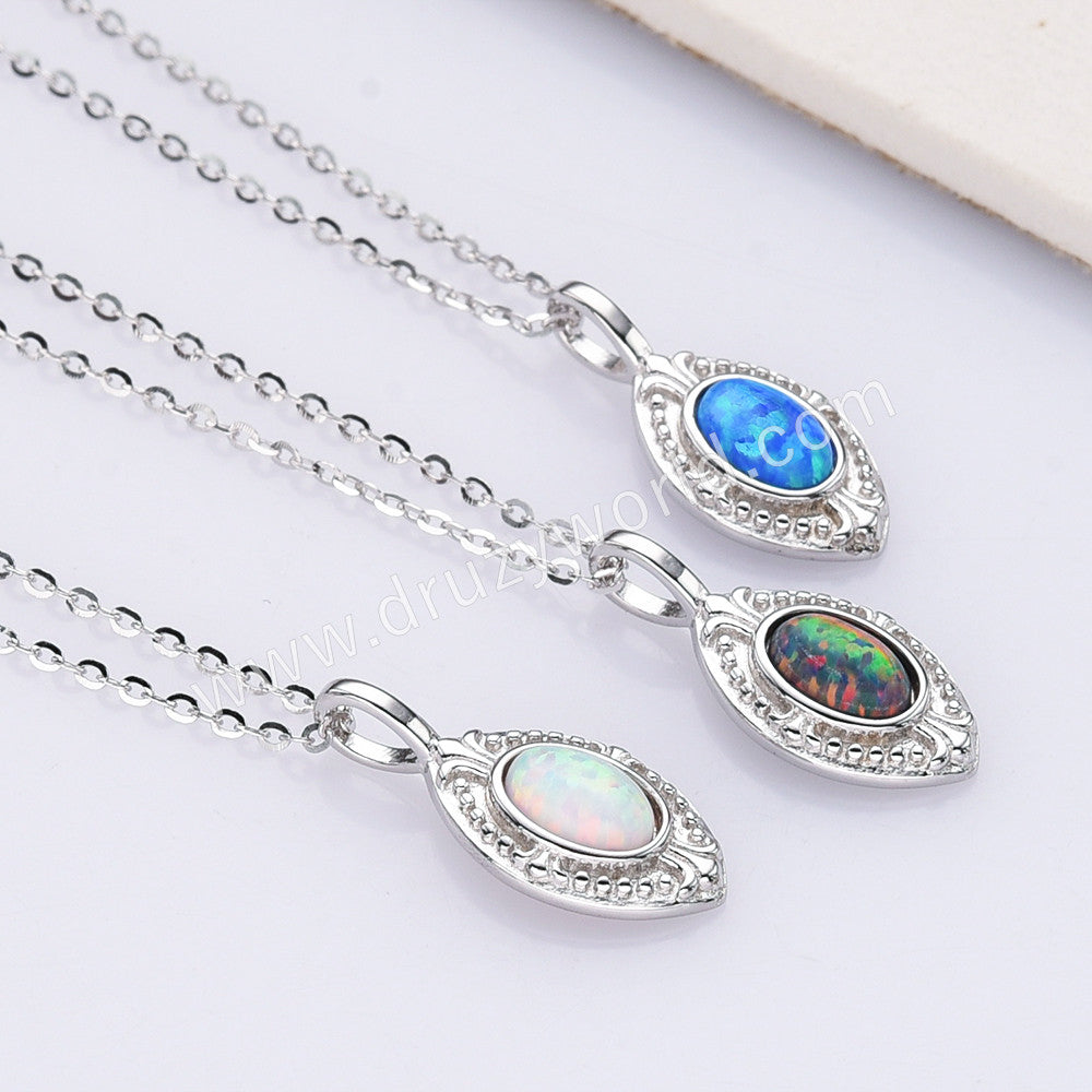 Dainty S925 Sterling Silver Oval Blue White Opal Pendant Necklace SS301