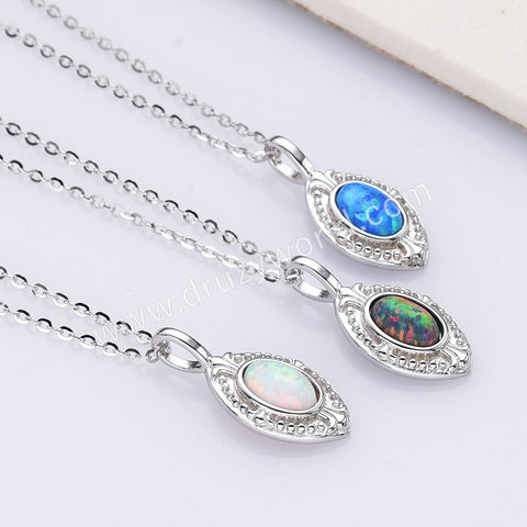 15" Dainty S925 Sterling Silver Oval Blue White Opal Pendant Necklace SS301