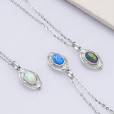 15" Dainty S925 Sterling Silver Oval Blue White Opal Pendant Necklace SS301