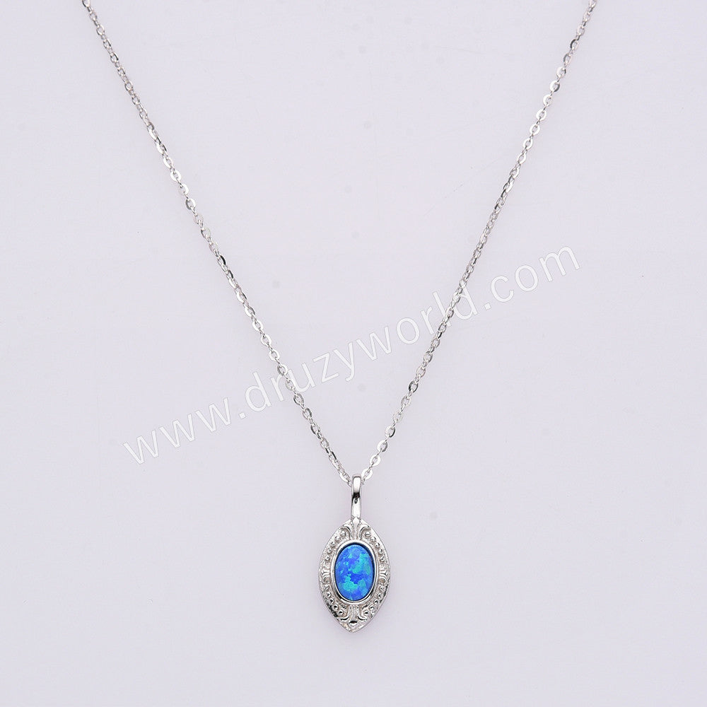 Dainty S925 Sterling Silver Oval Blue White Opal Pendant Necklace SS301