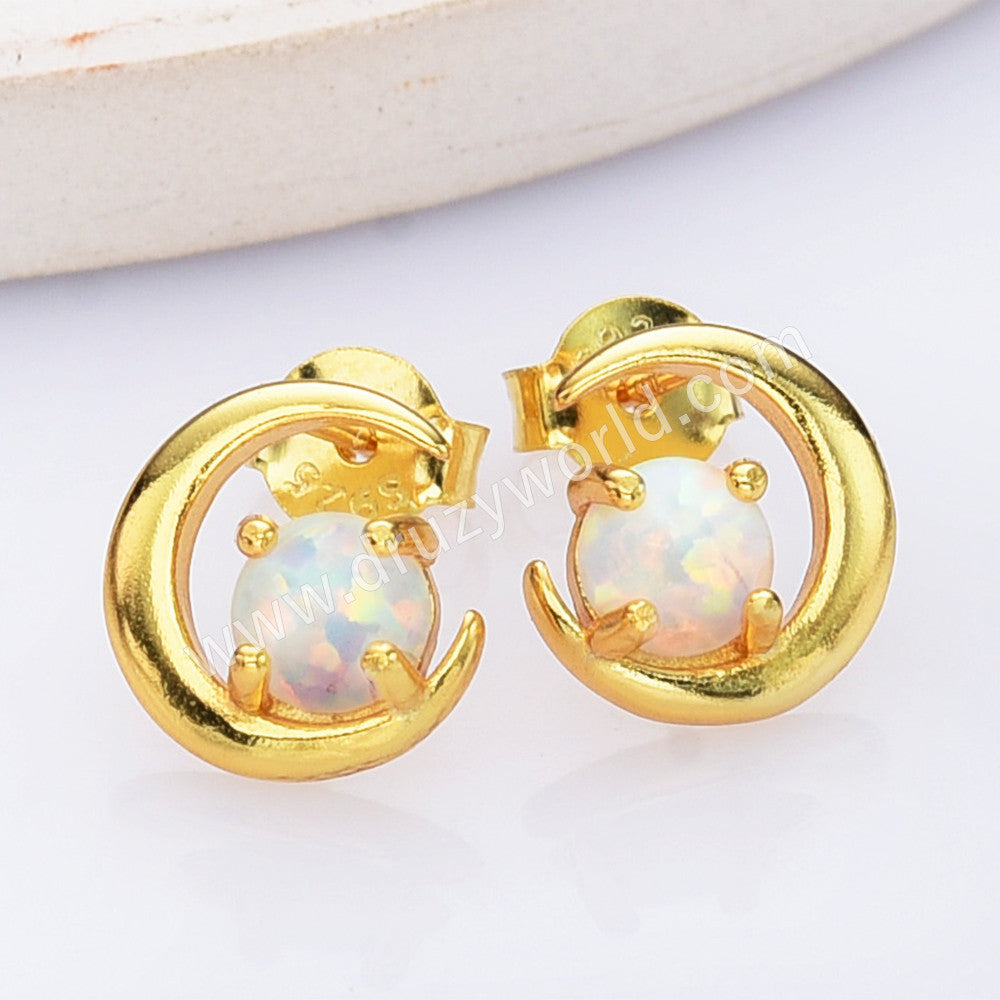 S925 Sterling Silver White Opal Moonstone Crescent Moon Stud Earrings in 18k Gold Plated SS302