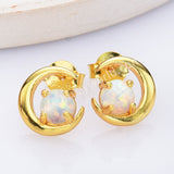 925 Sterling Silver White Opal Moonstone Crescent Moon Stud Earrings in 18k Gold Plated SS302EG