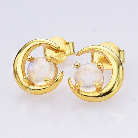 925 Sterling Silver White Opal Moonstone Crescent Moon Stud Earrings in 18k Gold Plated SS302EG