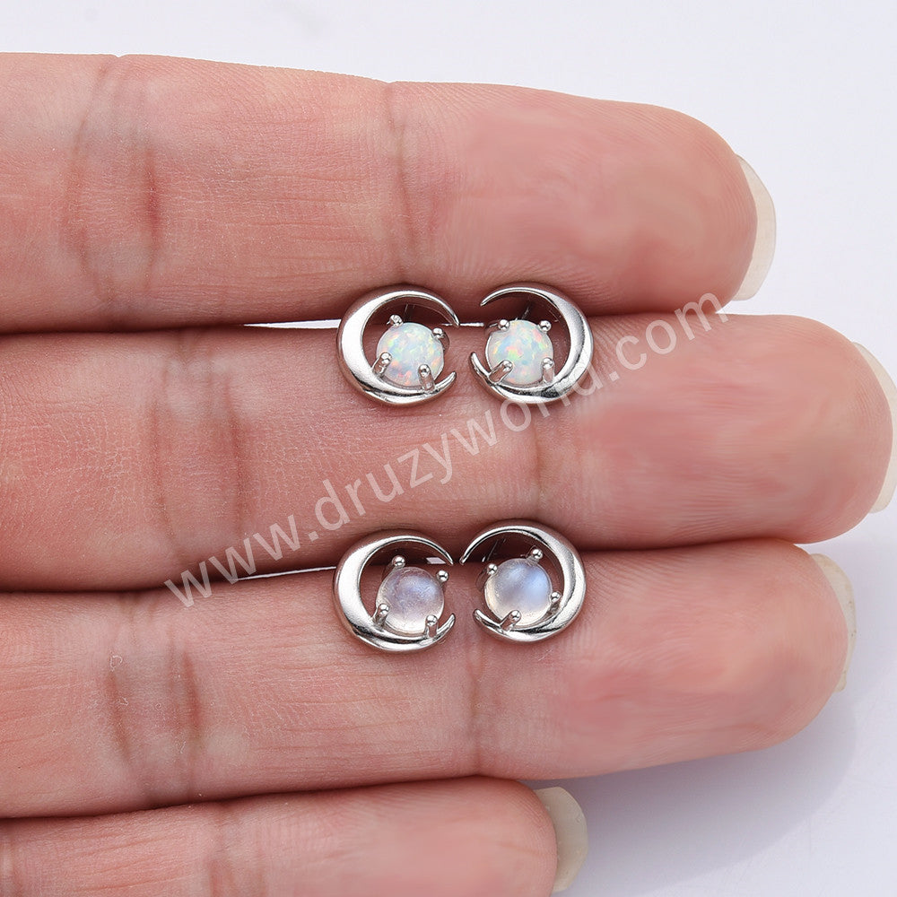 S925 Sterling Silver White Opal Moonstone Crescent Moon Stud Earrings SS303