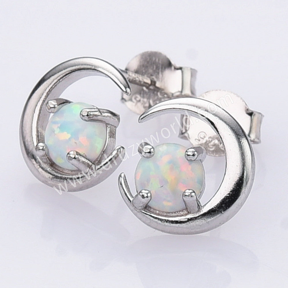 S925 Sterling Silver White Opal Moonstone Crescent Moon Stud Earrings SS303