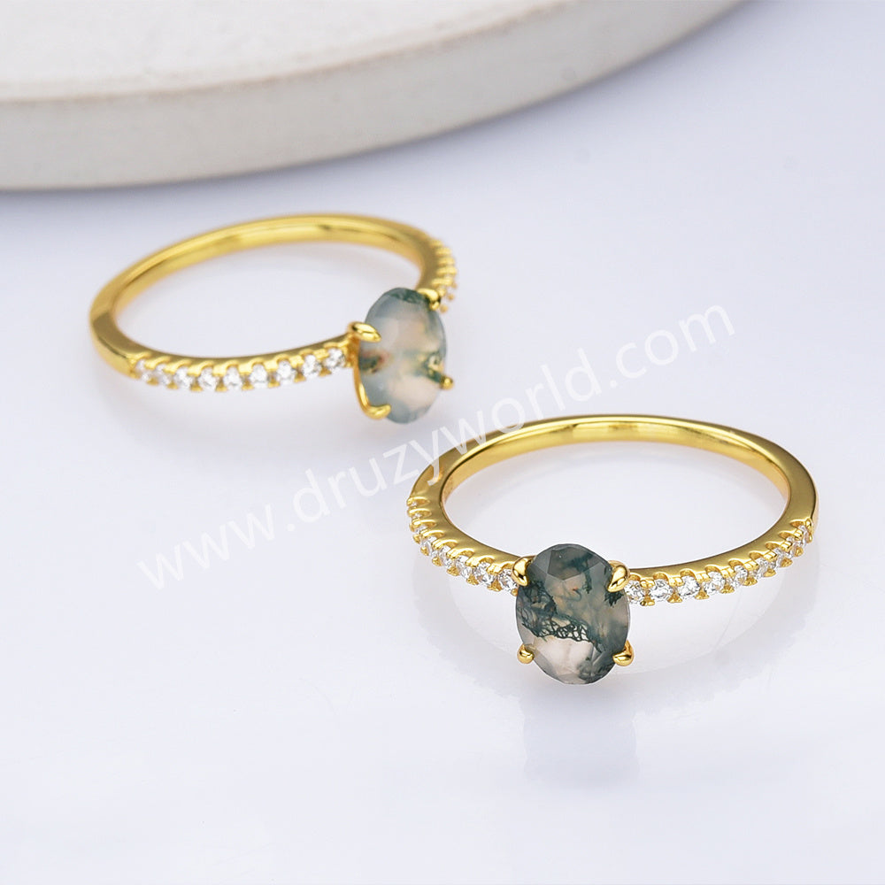 925 Sterling Silver Gold Oval Moss Agate Zircon Ring Fashion Jewelry SS304-1