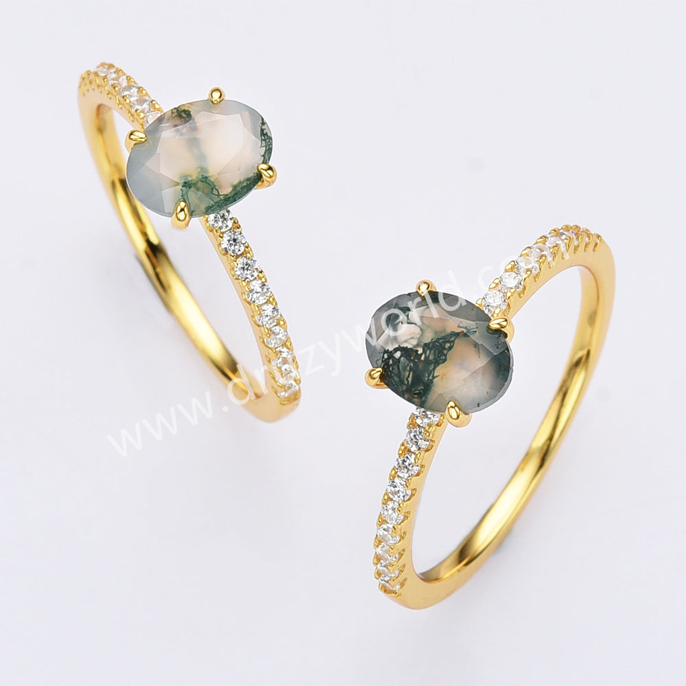 925 Sterling Silver Gold Oval Moss Agate Zircon Ring Fashion Jewelry SS304-1