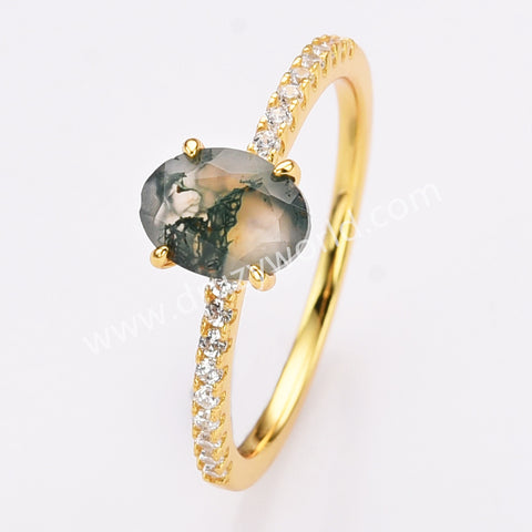 925 Sterling Silver Gold Oval Moss Agate Zircon Ring Fashion Jewelry SS304-1