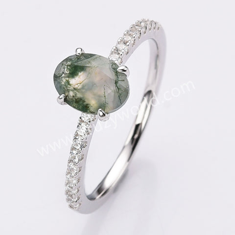 925 Sterling Silver Oval Moss Agate Zircon Ring Fashion Jewelry SS304-2